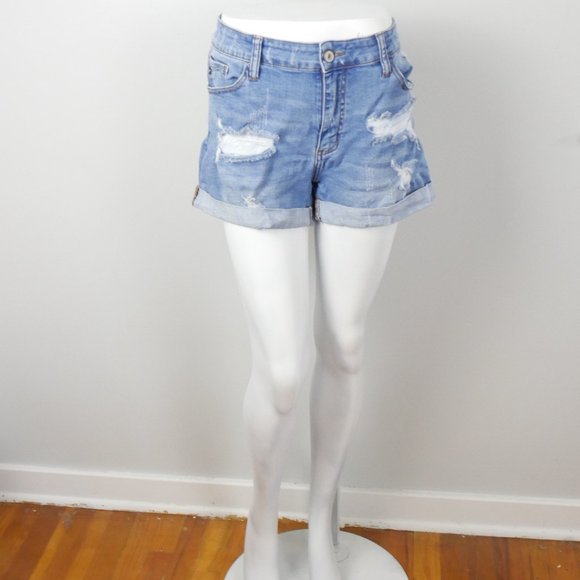 KanCan Medium Wash Distressed High Waisted Jean Shorts with Roll Up Cuff 13 30 - Picture 5 of 12